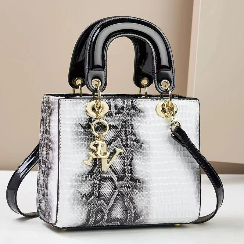 Glossy Embossed Crocodile Mini Tote Bag with Gold Charm & Crossbody Strap