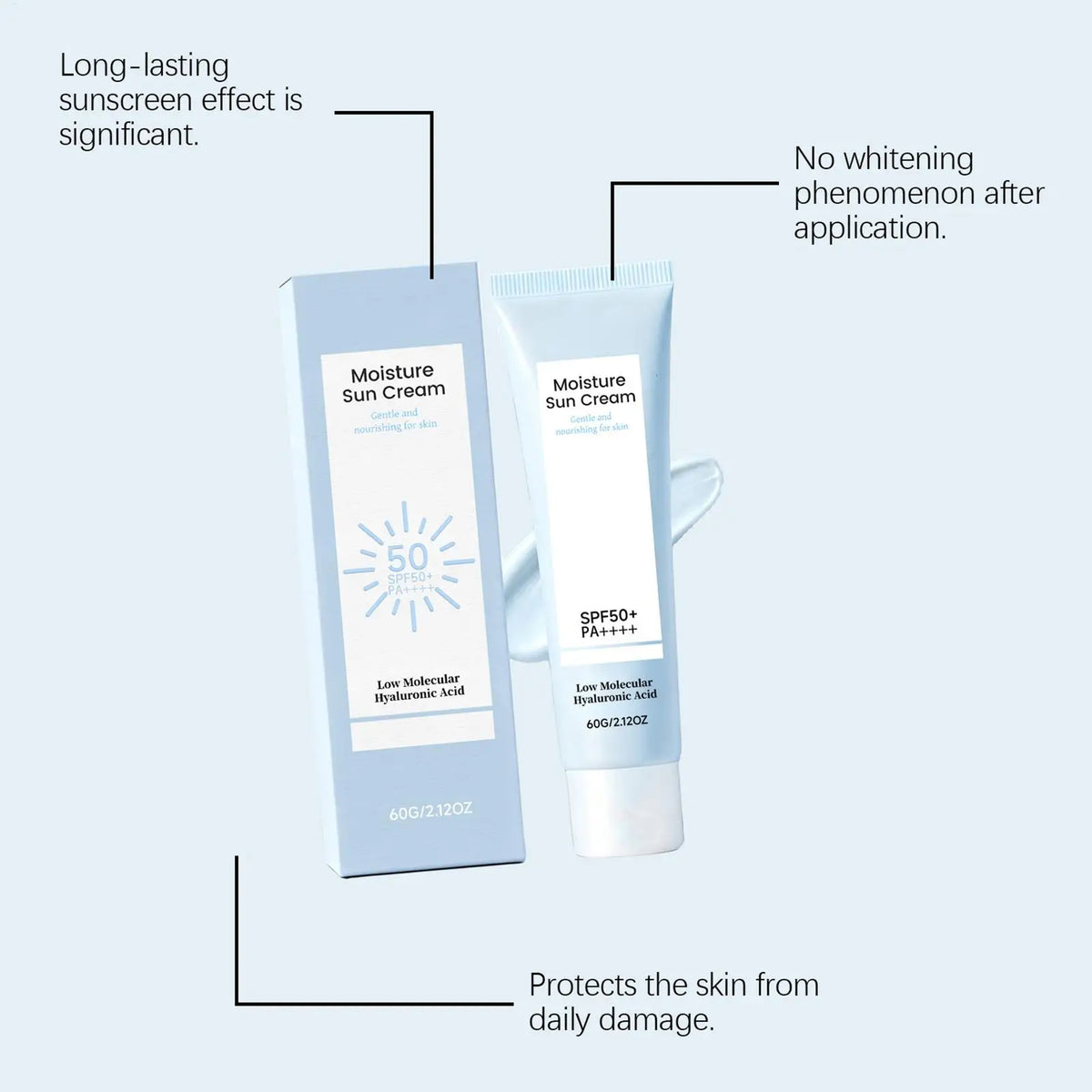 Low Molecular Hyaluronic Acid Moisture Sun Cream SPF50+ PA++++ (60g) – Hydrating Daily Sunscreen with Zero White Cast