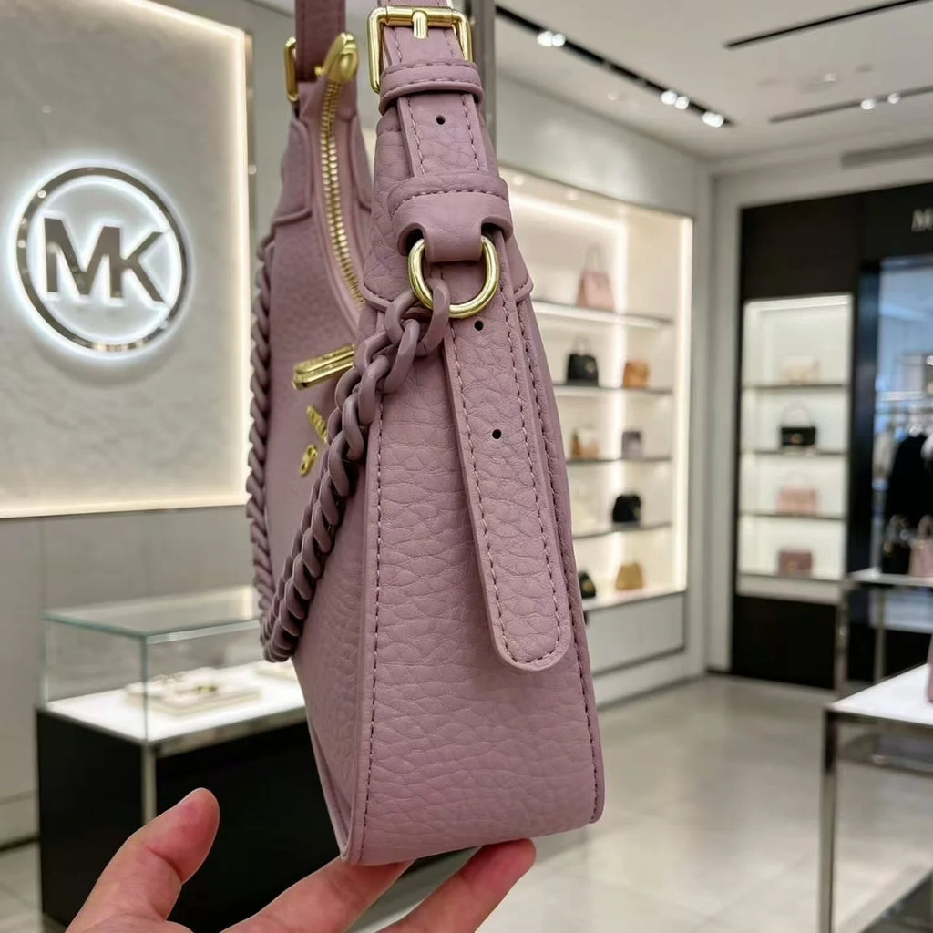 Michael Kors Pebbled Leather Small Shoulder Bag – Chain Detail Crescent Hobo Handbag
