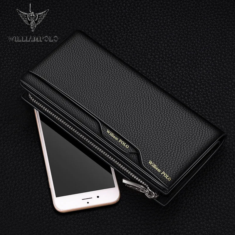 WILLIAM POLO Men’s Long Leather Wallet – Multi-Card Bifold Clutch with Removable Card Holder & Phone Zipper Pocket