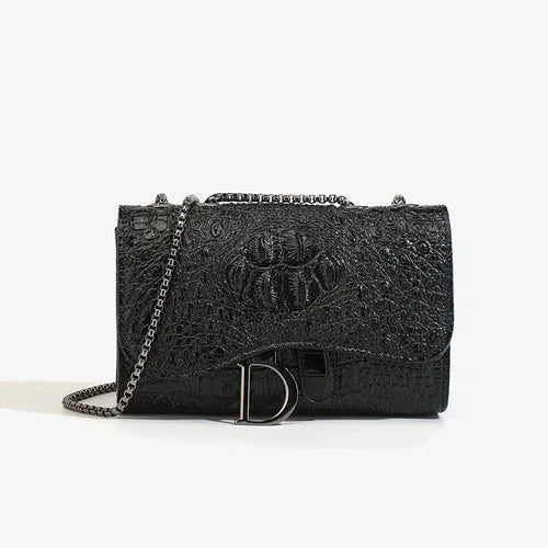 Crocodile Embossed Saddle Flap Crossbody Bag with Gunmetal Chain & Letter Charm
