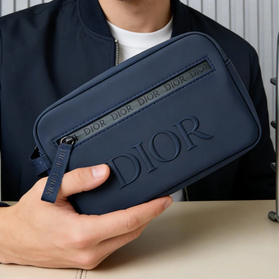 Dior Men's Matte Navy Toiletry Bag – Embossed Logo Travel Dopp Kit & Wash Bag