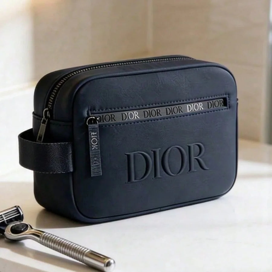 Dior Men's Matte Navy Toiletry Bag – Embossed Logo Travel Dopp Kit & Wash Bag