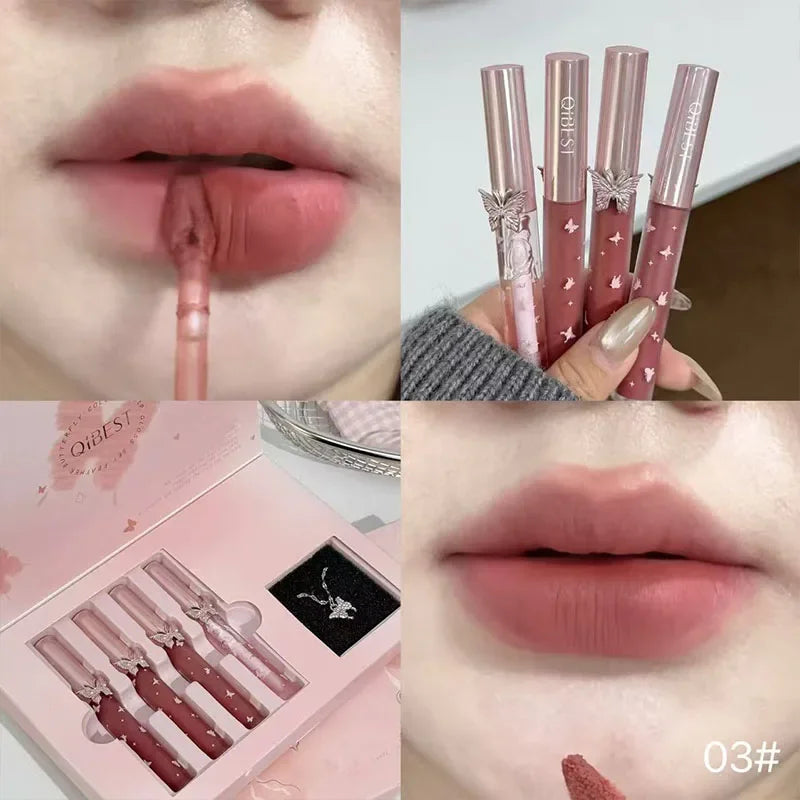 QIBEST 4-Piece Butterfly Lip Gloss & Matte Liquid Lipstick Set with Bonus Crystal Necklace