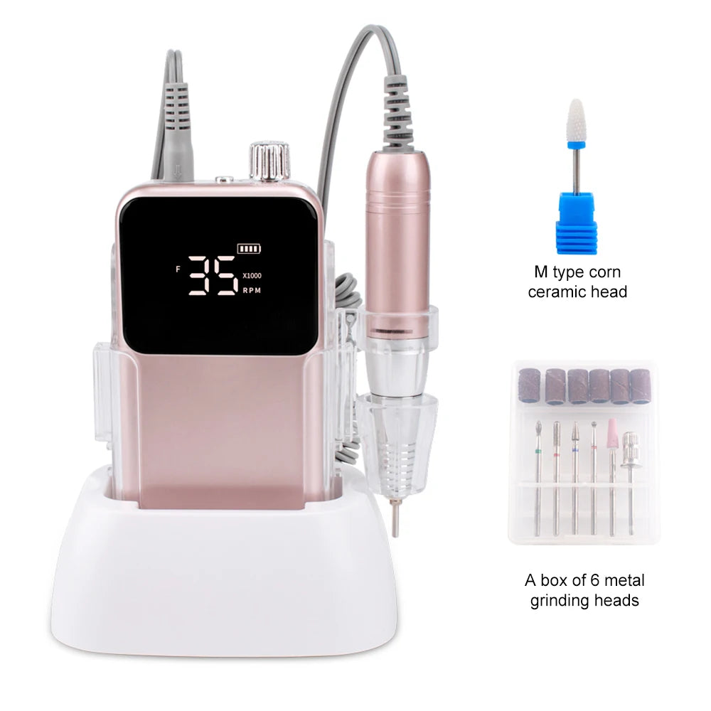 Portable Professional 35,000 RPM Rechargeable Electric Nail Drill Set with LCD Screen & Desktop Charging Base