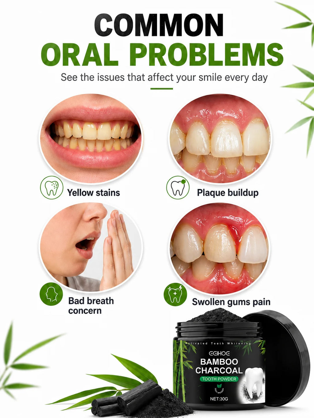 EEHOE™ Activated Bamboo Charcoal Teeth Whitening Powder – Natural Stain Removal & Enamel Care (30g)