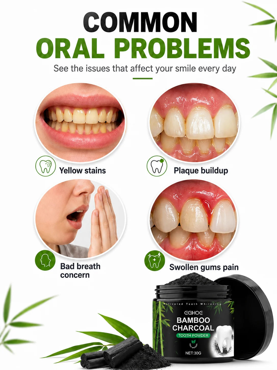 EEHOE™ Activated Bamboo Charcoal Teeth Whitening Powder – Natural Stain Removal & Enamel Care (30g)