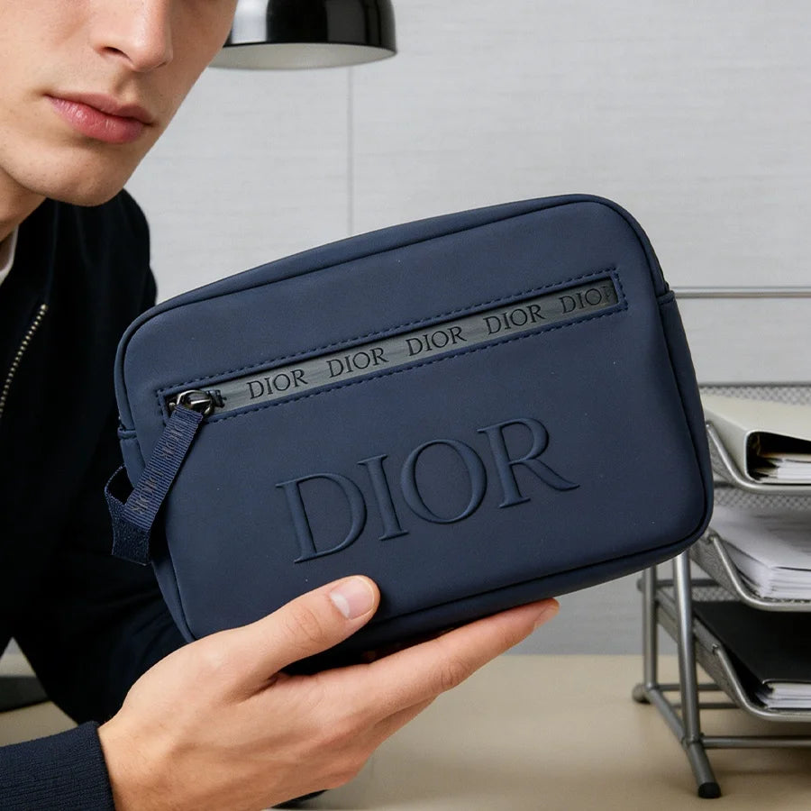 Dior Men's Matte Navy Toiletry Bag – Embossed Logo Travel Dopp Kit & Wash Bag