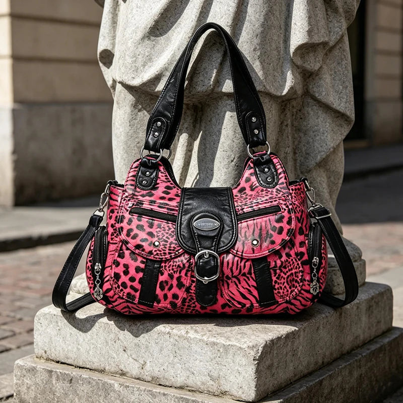 Women's Y2K Animal Print Hobo Shoulder Bag – Retro Multi-Pocket Leopard & Tiger Print Crossbody Tote Purse