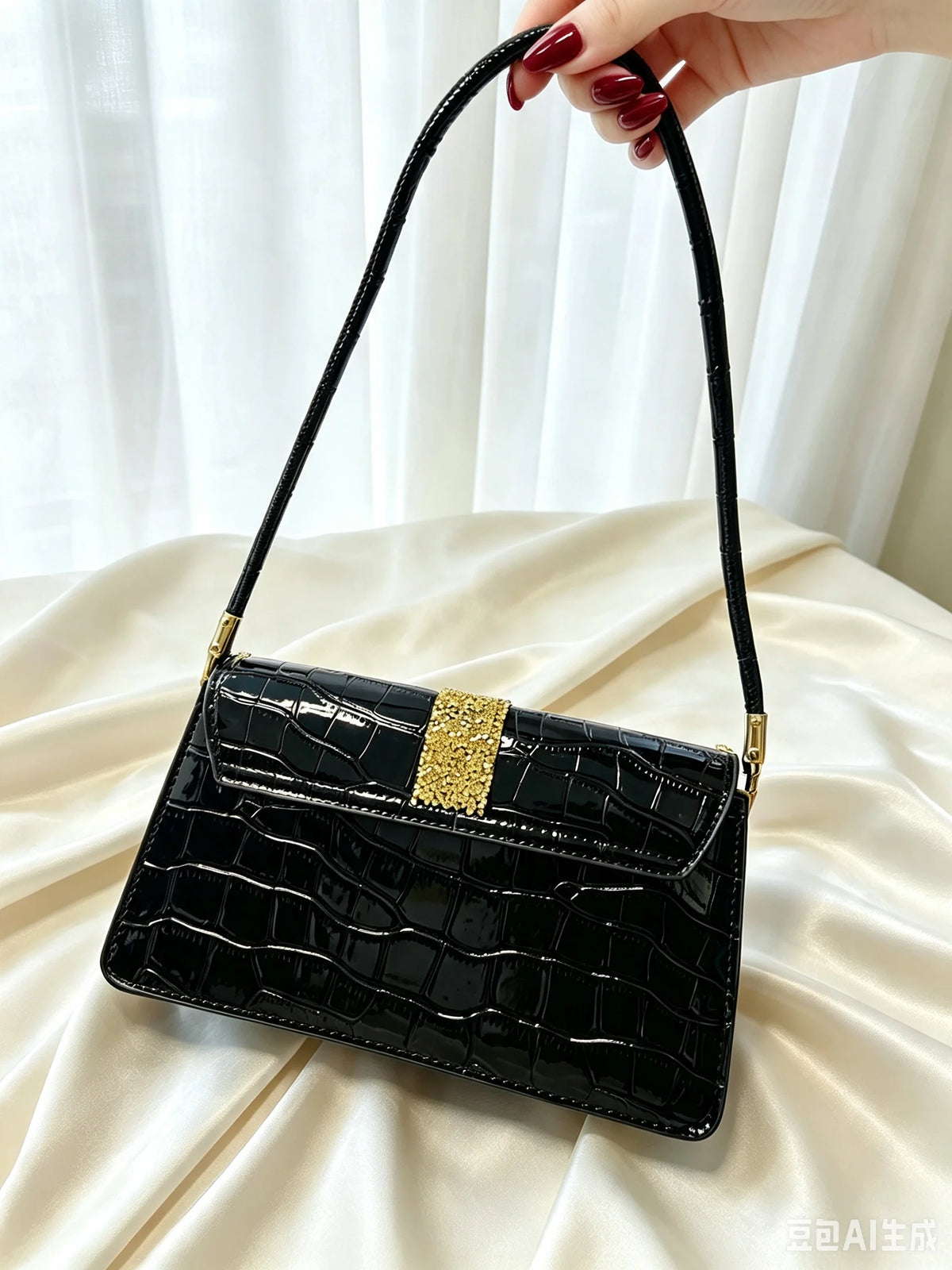 Luxury Croc-Embossed Rhinestone Evening Bag – Glossy Patent Leather Shoulder Bag & Statement Party Clutch