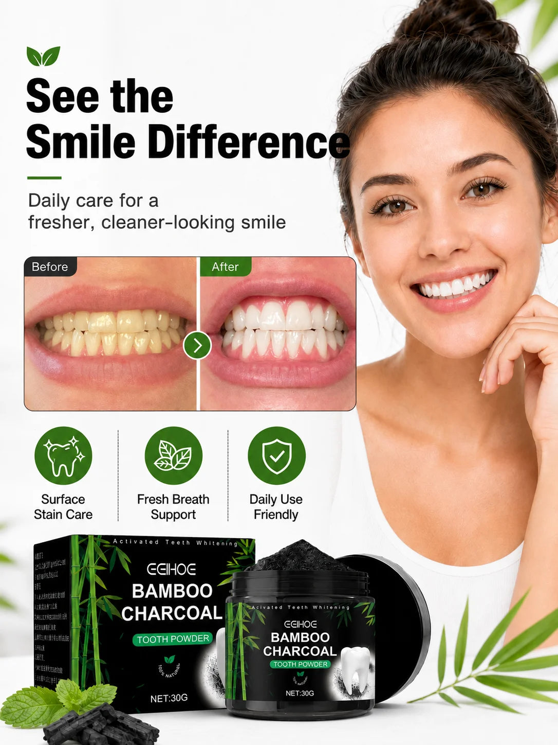 EEHOE™ Activated Bamboo Charcoal Teeth Whitening Powder – Natural Stain Removal & Enamel Care (30g)