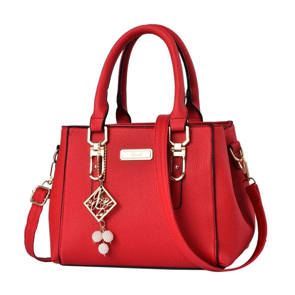Elegant Women's PU Leather Handbag with Geometric Accent & Pearl Tassel