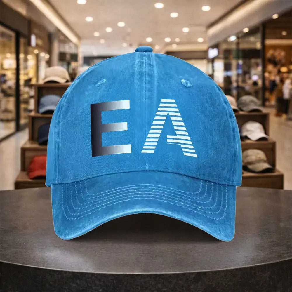 Vintage Washed Cotton EA Graphic Baseball Cap – Distressed Retro Dad Hat with Curved Brim