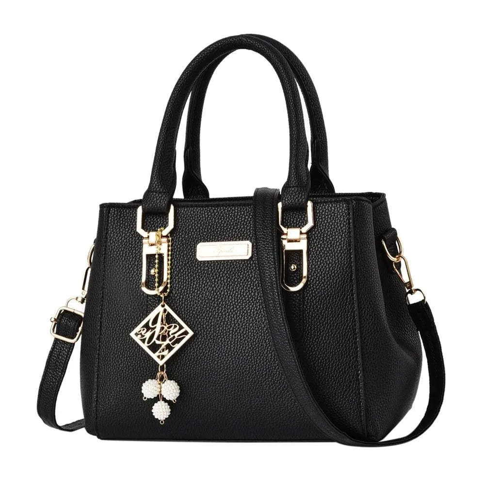 Elegant Women's PU Leather Handbag with Geometric Accent & Pearl Tassel