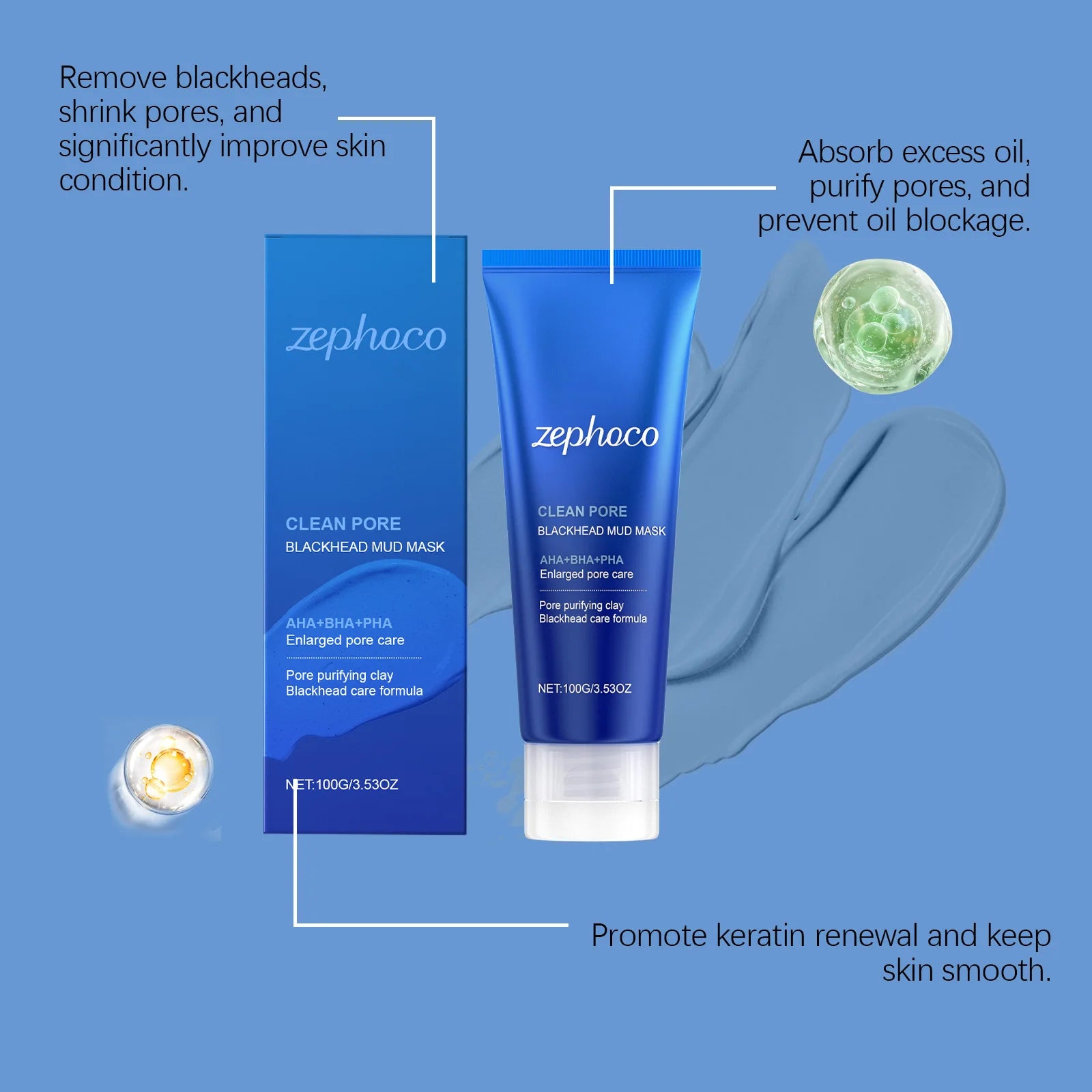 ZEPHOCO Clean Pore Blackhead Mud Mask with AHA+BHA+PHA (100g)