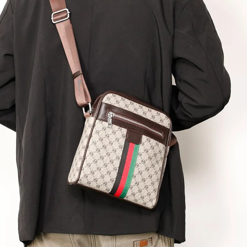 Men's Vintage Monogram Crossbody Bag – Striped Leather Messenger Bag & Casual Shoulder Bag for Travel and Daily Commute
