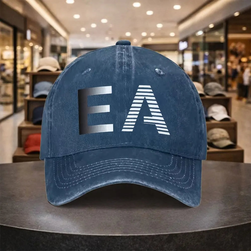 Vintage Washed Cotton EA Graphic Baseball Cap – Distressed Retro Dad Hat with Curved Brim