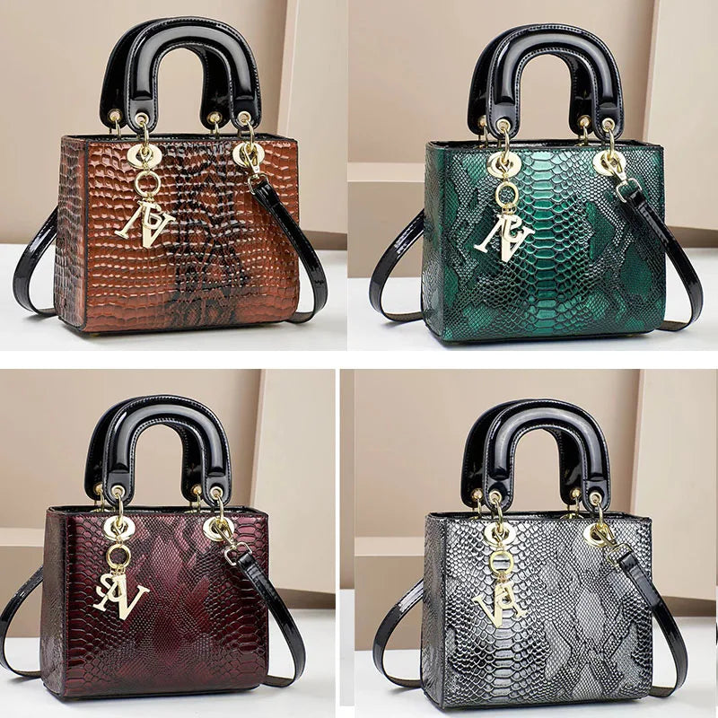 Glossy Embossed Crocodile Mini Tote Bag with Gold Charm & Crossbody Strap