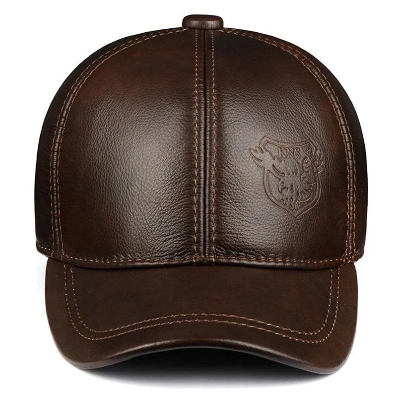 Men’s Genuine Cowhide Leather Baseball Cap – Vintage Embossed Crest