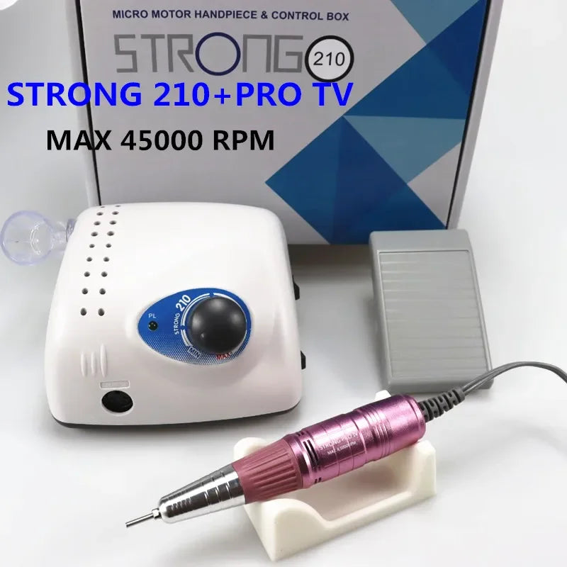 Professional STRONG 210 Electric Nail Drill Set – 45000 RPM Micro Motor E-File Machine with Foot Pedal