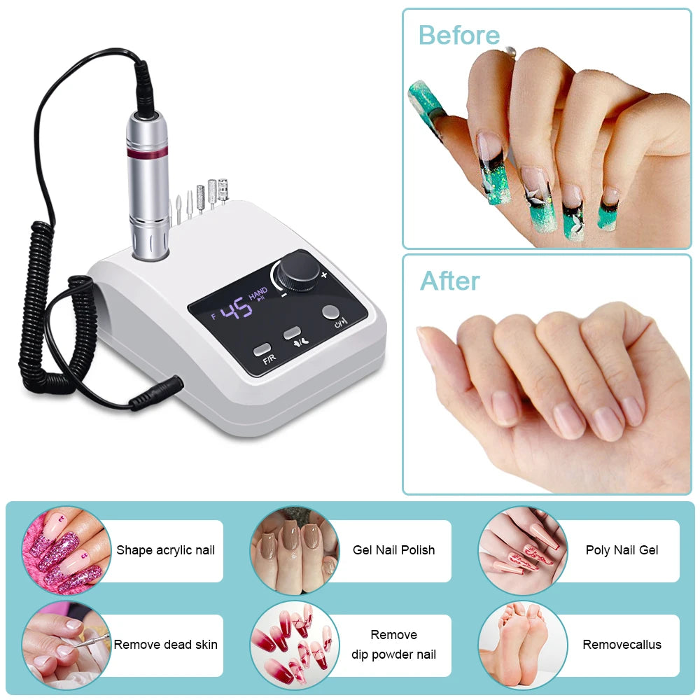 Professional 45000 RPM Electric Nail Drill Machine Set with Smart LCD Screen, Foot Pedal & Bit Storage Base