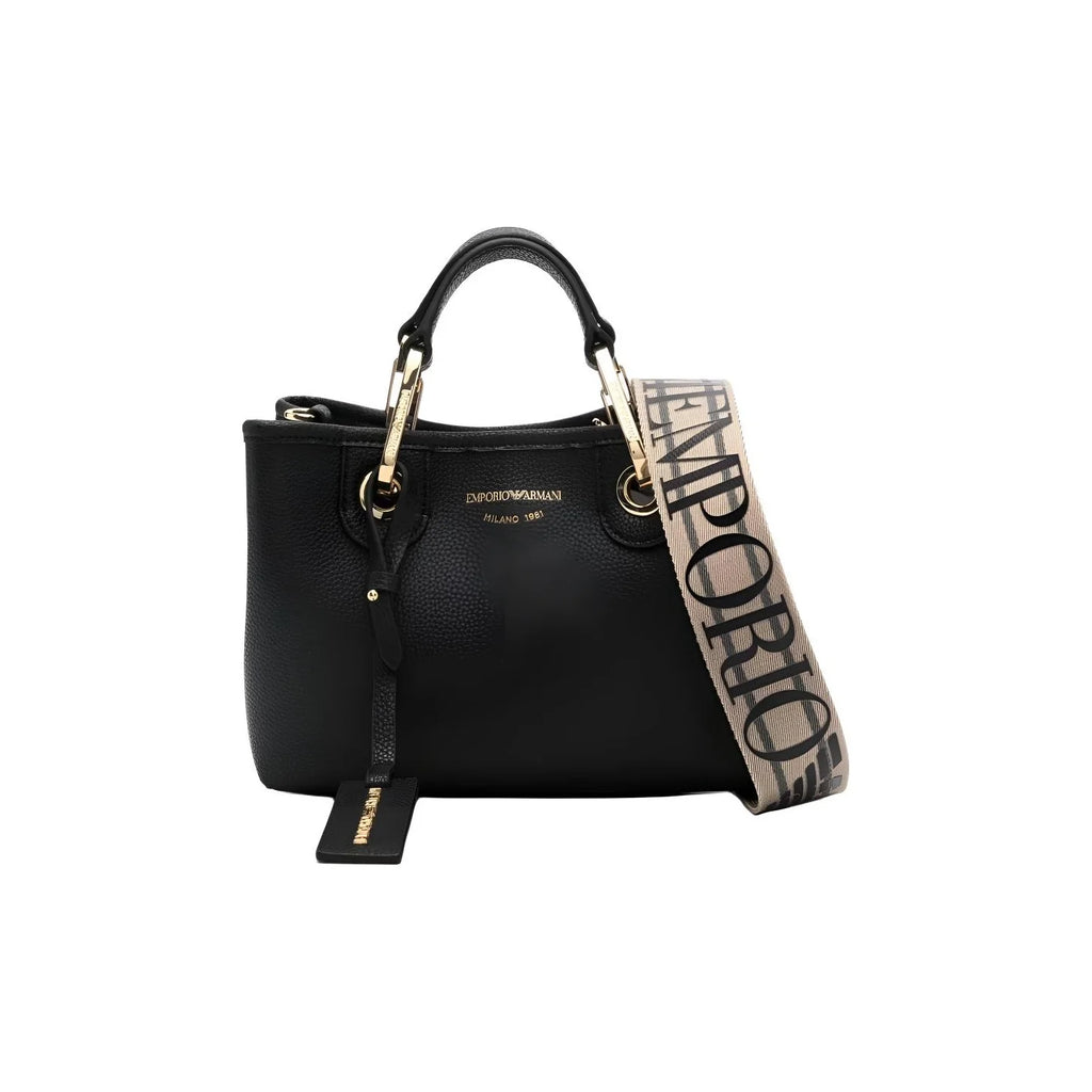 Emporio Armani Milano 1981 Women's Black Faux Leather Handbag – Top-Handle Tote & Crossbody Bag with Jacquard Strap