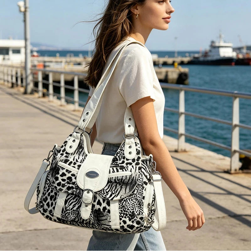 Women's Y2K Animal Print Hobo Shoulder Bag – Retro Multi-Pocket Leopard & Tiger Print Crossbody Tote Purse