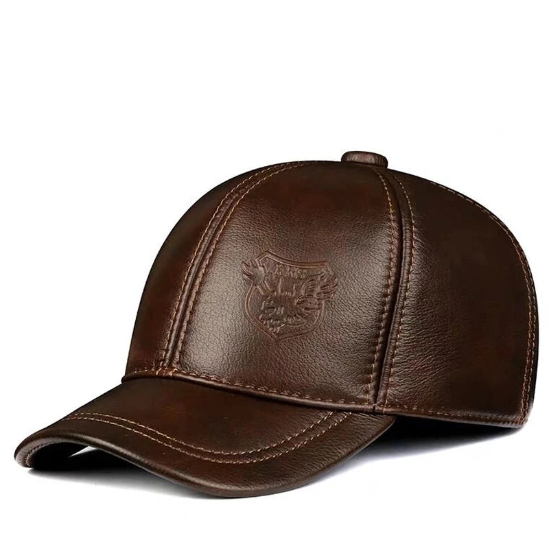 Men’s Genuine Cowhide Leather Baseball Cap – Vintage Embossed Crest
