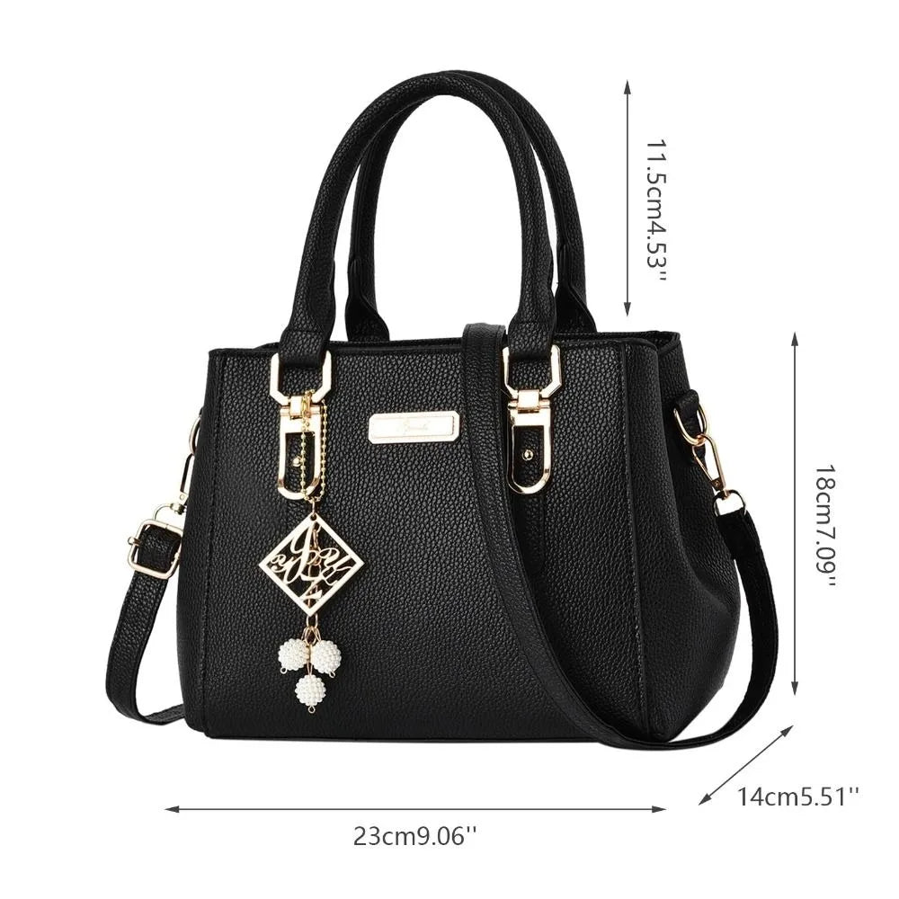 Elegant Women's PU Leather Handbag with Geometric Accent & Pearl Tassel