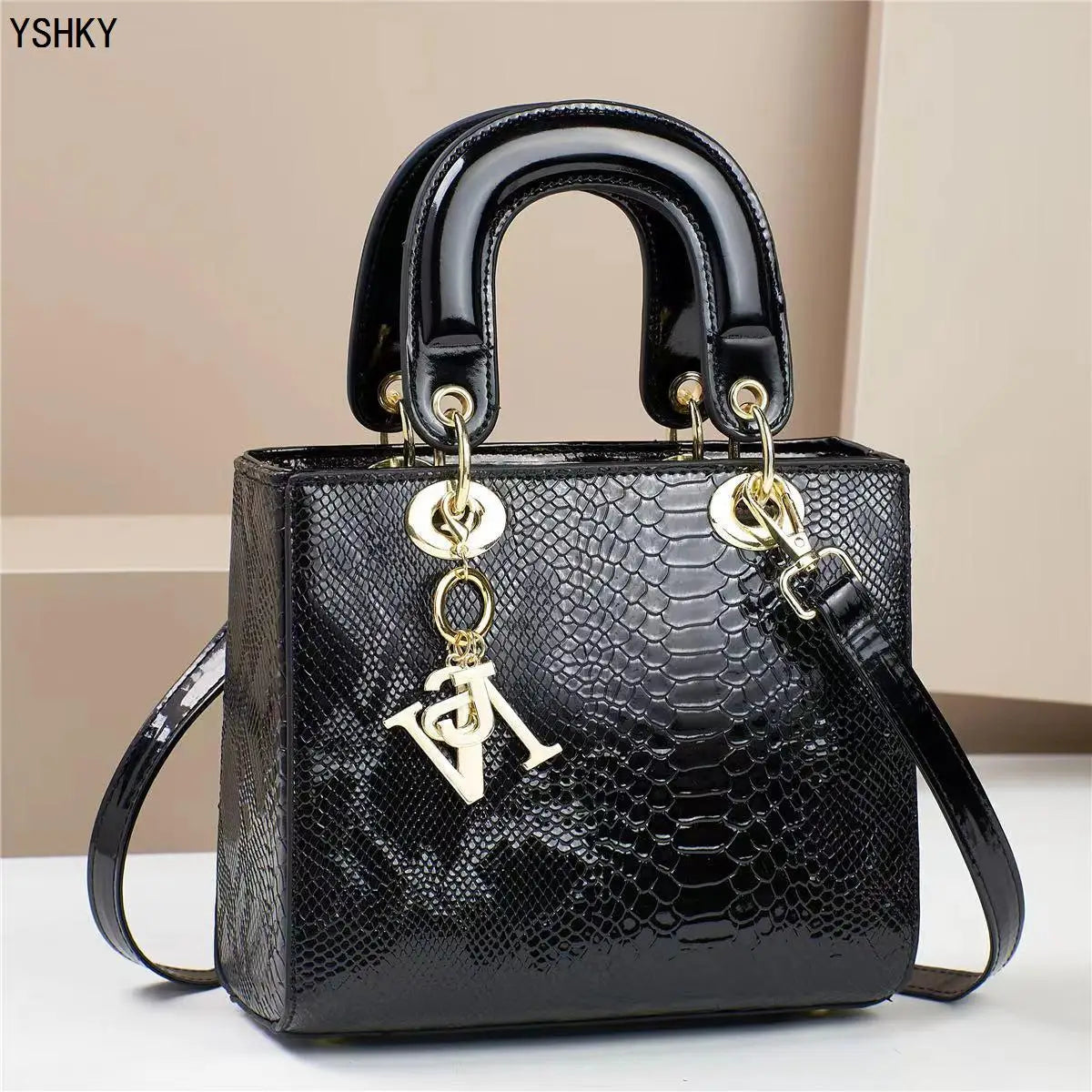 Glossy Embossed Crocodile Mini Tote Bag with Gold Charm & Crossbody Strap
