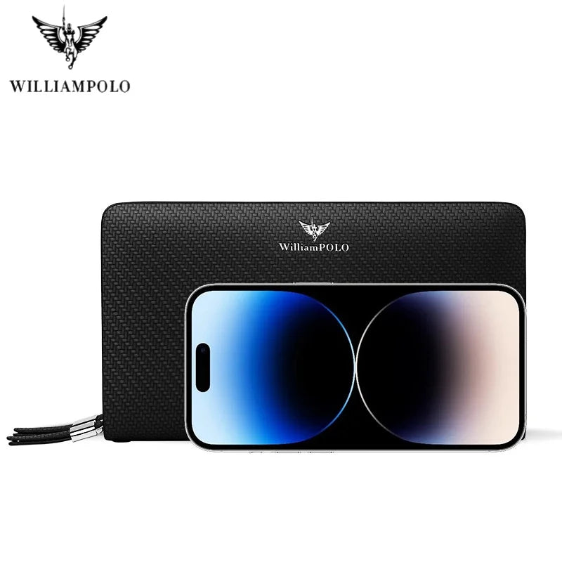 WilliamPOLO Carbon Fiber Pattern Leather Clutch Wallet for Men - Large Capacity Long Purse with Wristlet