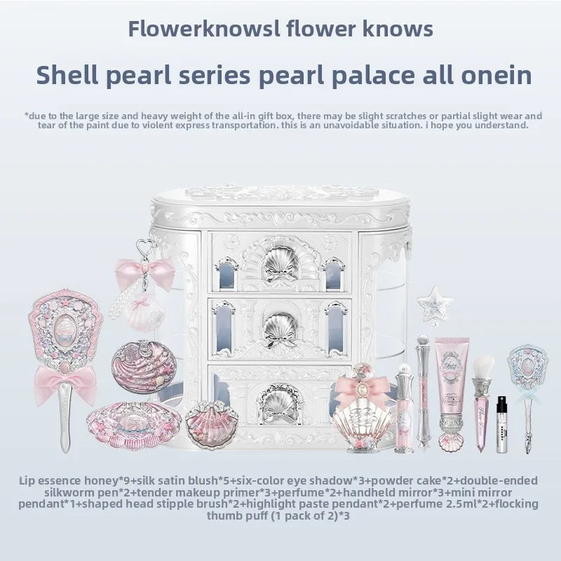 Flower Knows Shell Pearl Series Full Makeup Set + 3-Drawer Luxury Vanity Organizer