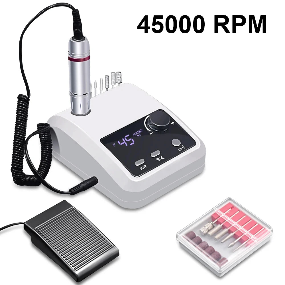 Professional 45000 RPM Electric Nail Drill Machine Set with Smart LCD Screen, Foot Pedal & Bit Storage Base