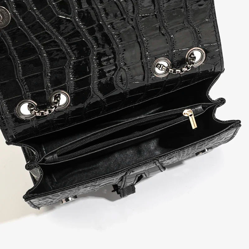Crocodile Embossed Saddle Flap Crossbody Bag with Gunmetal Chain & Letter Charm