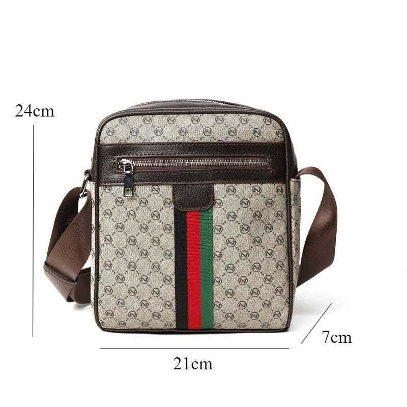 Men's Vintage Monogram Crossbody Bag – Striped Leather Messenger Bag & Casual Shoulder Bag for Travel and Daily Commute