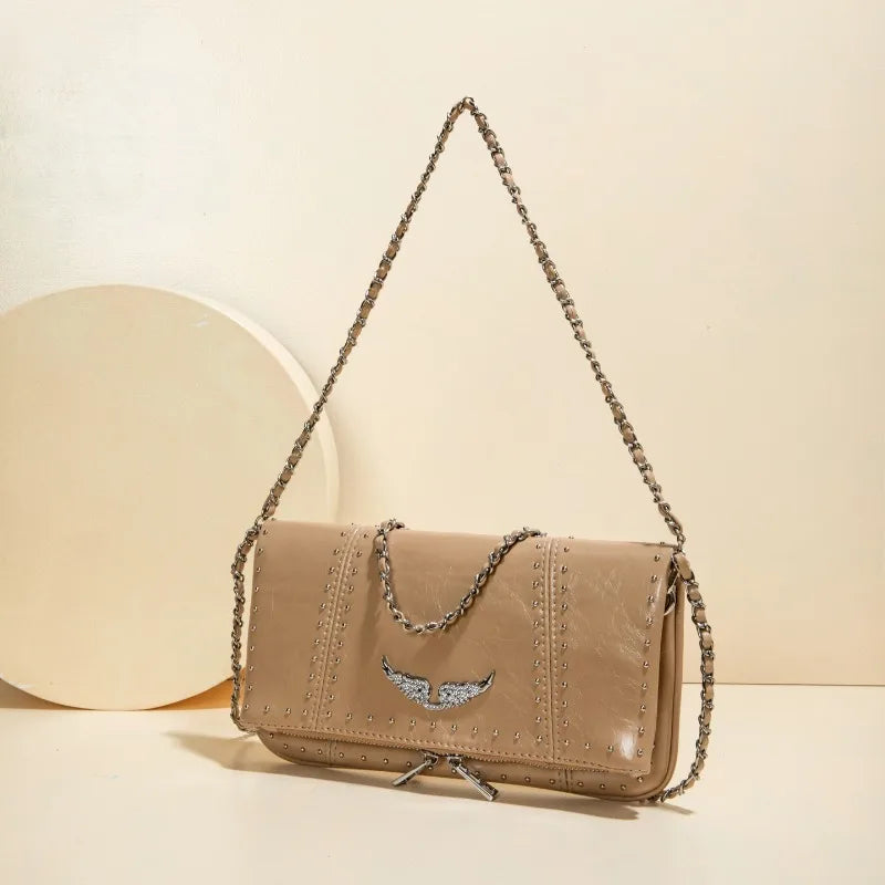 Grunge Angel Wing Foldover Crossbody Bag – Studded Faux Leather Shoulder Clutch