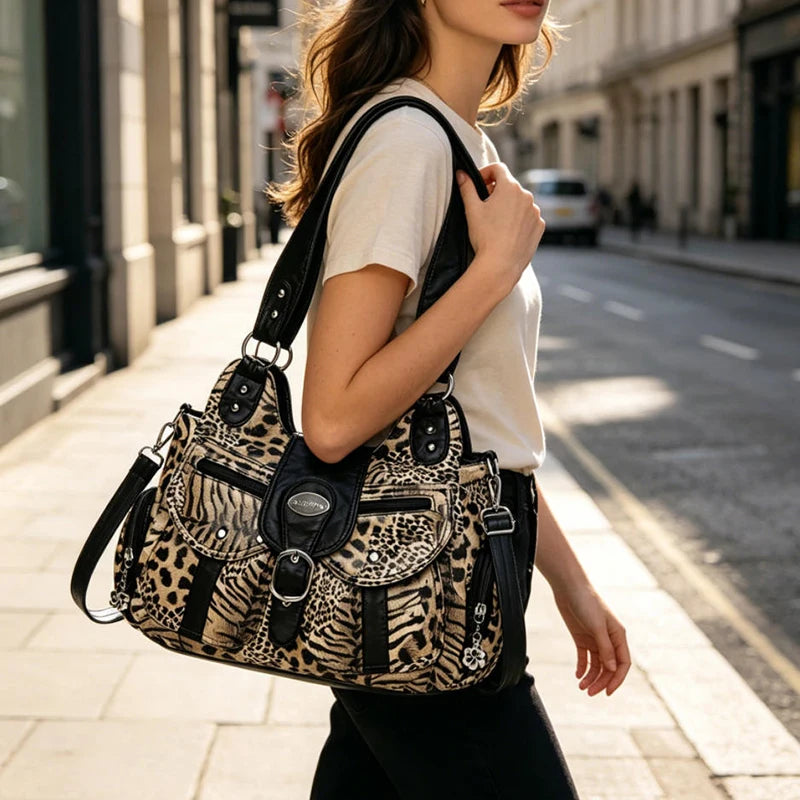 Women's Y2K Animal Print Hobo Shoulder Bag – Retro Multi-Pocket Leopard & Tiger Print Crossbody Tote Purse