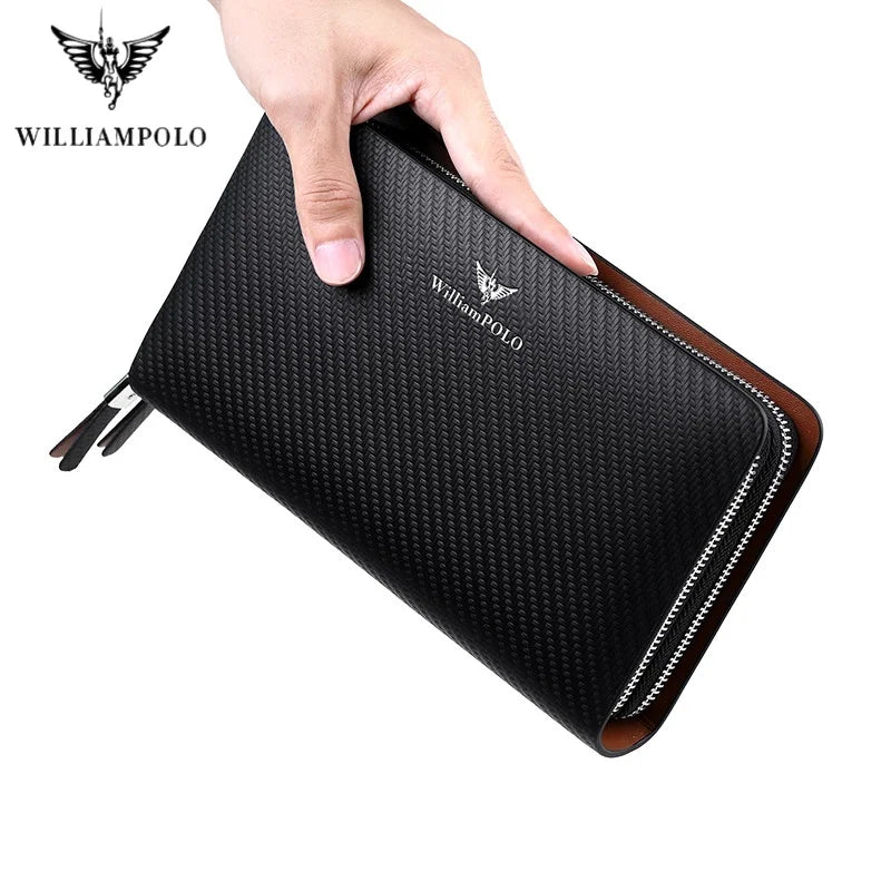 WilliamPOLO Carbon Fiber Pattern Leather Clutch Wallet for Men - Large Capacity Long Purse with Wristlet