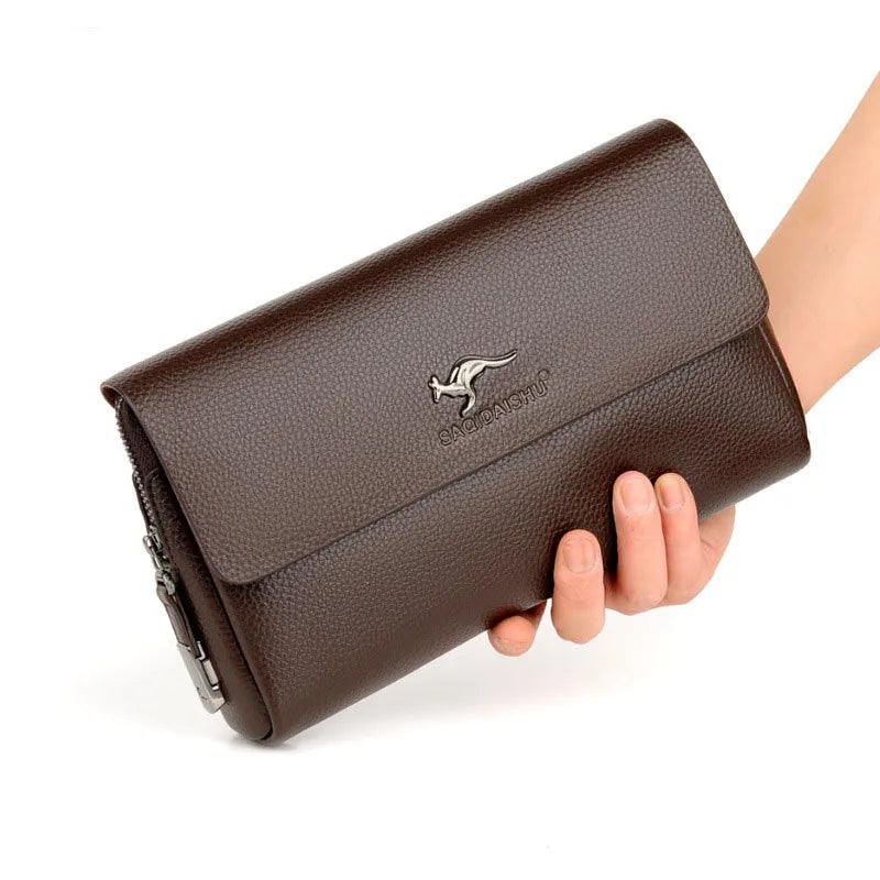 Premium Mens Genuine Leather Large Capacity Business Clutch Wristlet Wallet