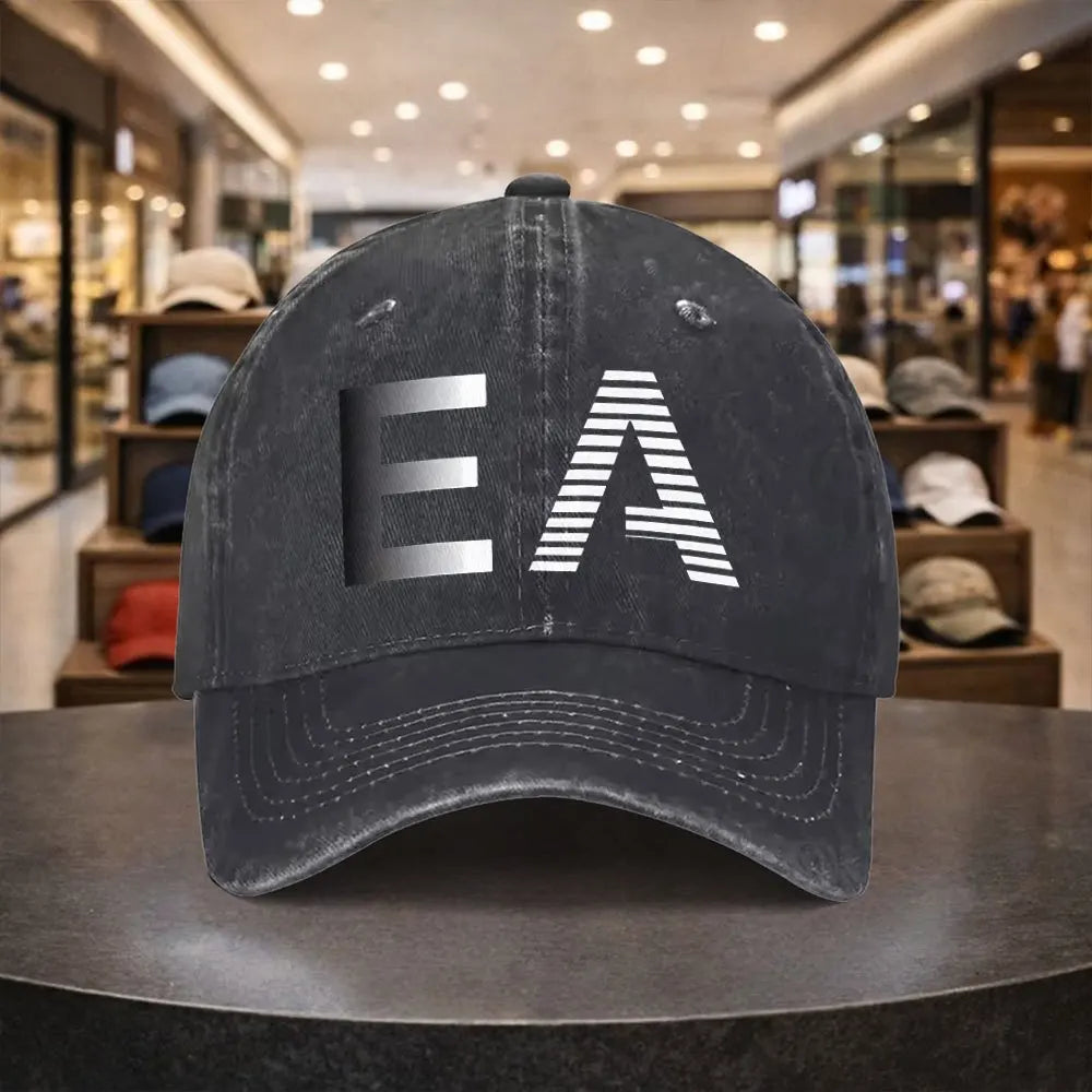 Vintage Washed Cotton EA Graphic Baseball Cap – Distressed Retro Dad Hat with Curved Brim
