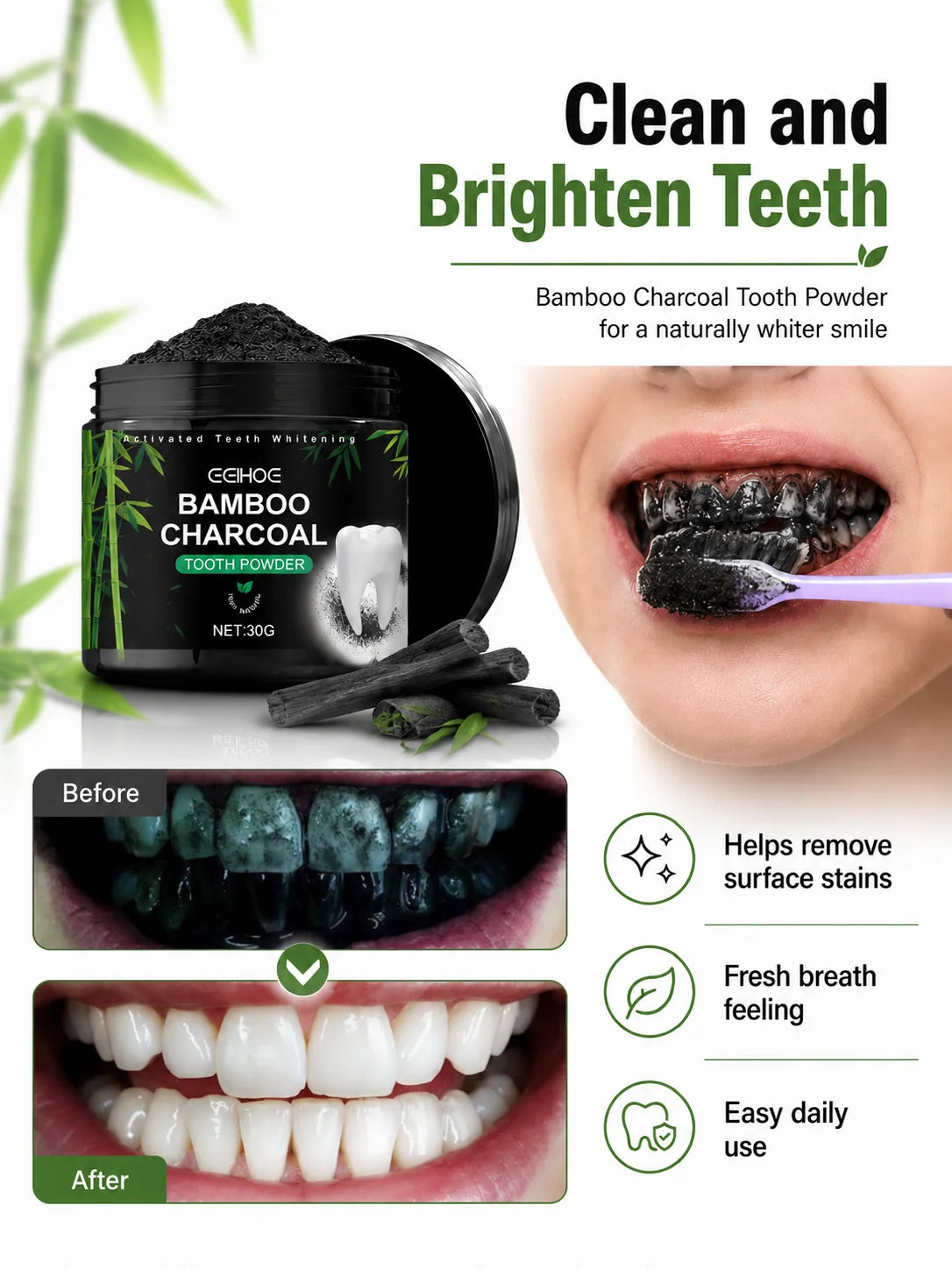 EEHOE™ Activated Bamboo Charcoal Teeth Whitening Powder – Natural Stain Removal & Enamel Care (30g)