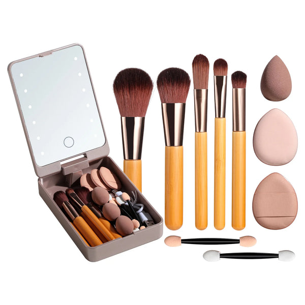 All-in-One Travel Makeup Brush Set with LED Mirror & Sponges – Portable 360° Rotating Case