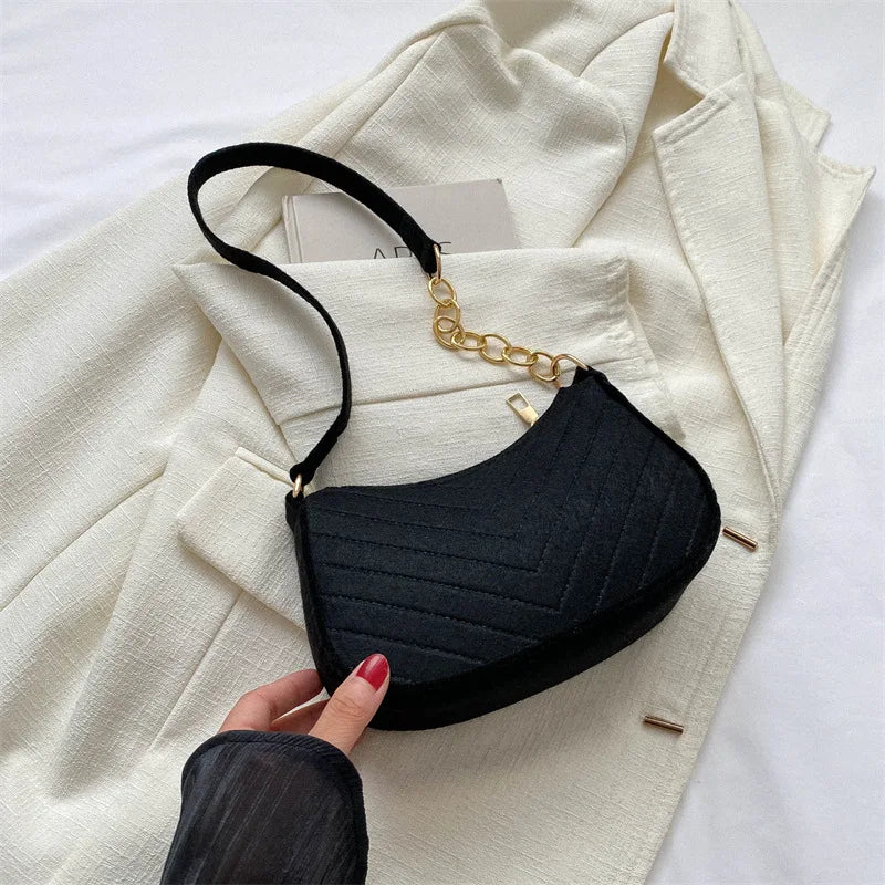 Chevron Quilted Felt Mini Baguette Shoulder Bag with Gold Chain Accent