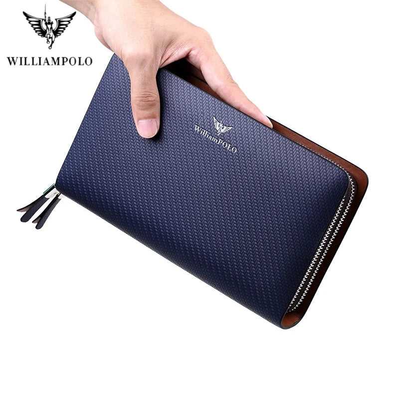 WilliamPOLO Carbon Fiber Pattern Leather Clutch Wallet for Men - Large Capacity Long Purse with Wristlet