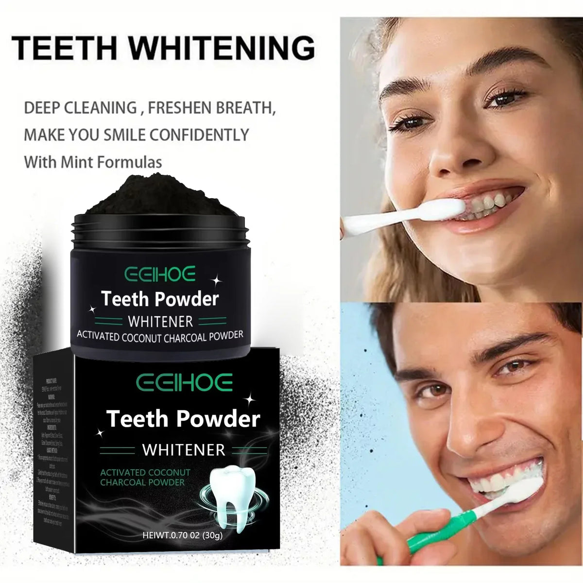 EEHOE™ Activated Coconut Charcoal Teeth Whitening Powder – Natural Stain Removal & Fresh Breath (30g)