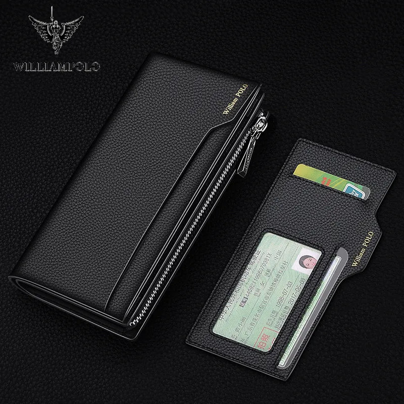 WILLIAM POLO Men’s Long Leather Wallet – Multi-Card Bifold Clutch with Removable Card Holder & Phone Zipper Pocket