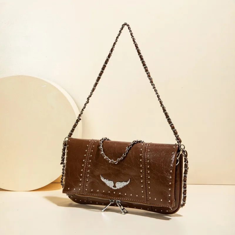 Grunge Angel Wing Foldover Crossbody Bag – Studded Faux Leather Shoulder Clutch