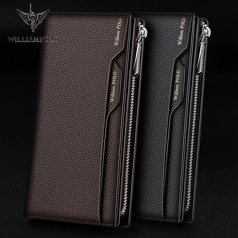 WILLIAM POLO Men’s Long Leather Wallet – Multi-Card Bifold Clutch with Removable Card Holder & Phone Zipper Pocket