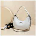 Women's Crescent Moon Shoulder Bag – Faux Leather Hobo Handbag with Silver Chain & Wide Guitar Crossbody Strap