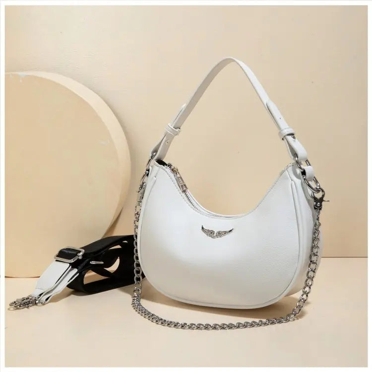 Women's Crescent Moon Shoulder Bag – Faux Leather Hobo Handbag with Silver Chain & Wide Guitar Crossbody Strap